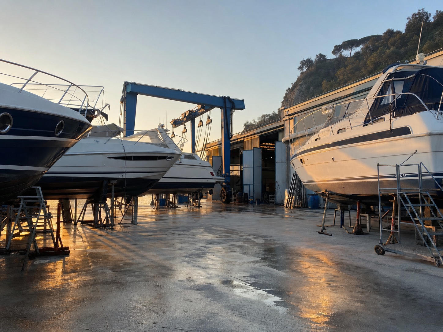 Il piazzale del cantiere Nautica Rugiada all'alba, con imbarcazioni sugli invasi