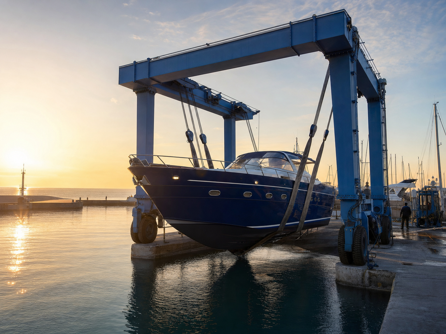 Travel lift cala un'imbarcazione in acqua al varo