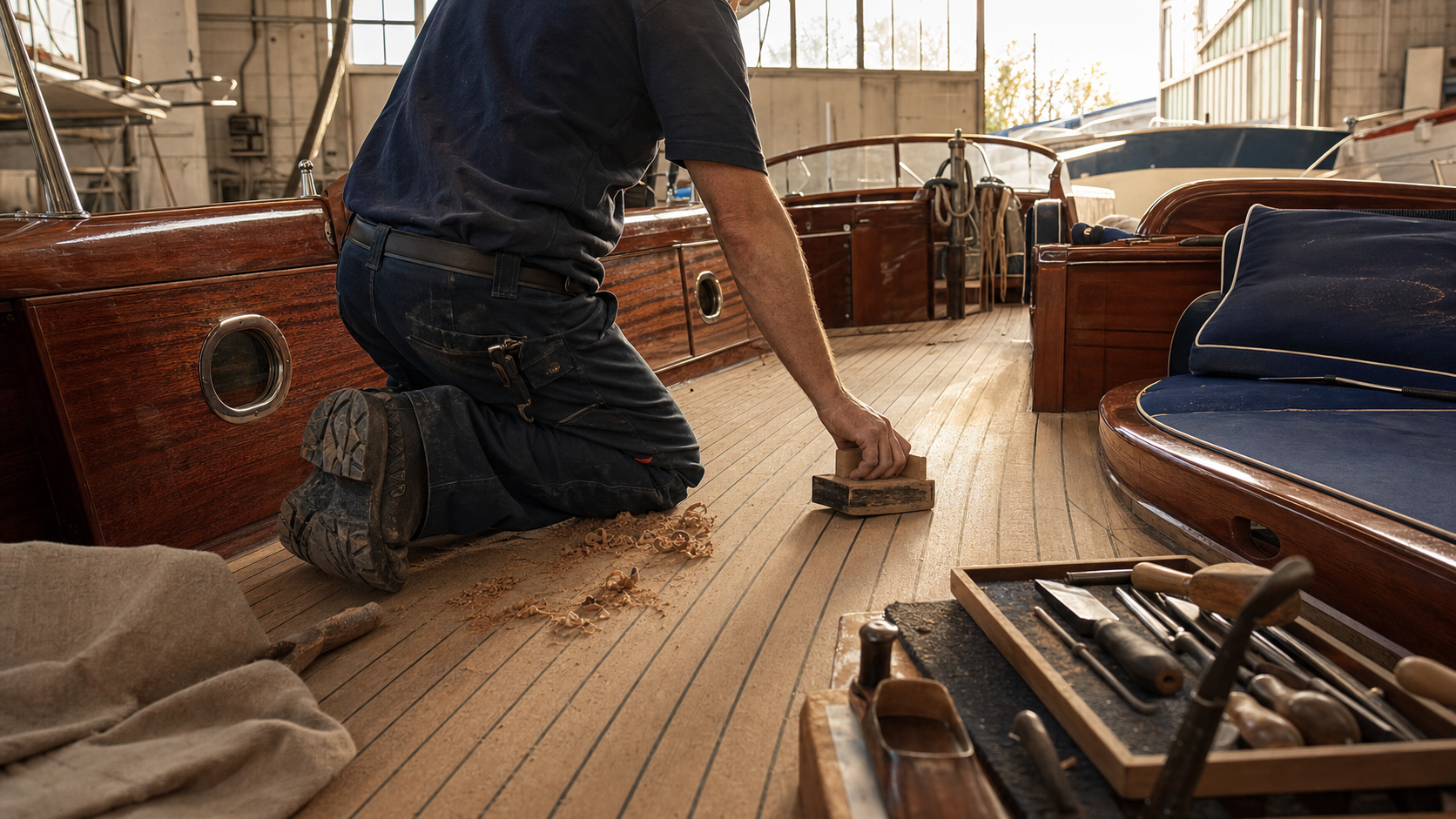 Lavorazione artigianale del teak durante un refit